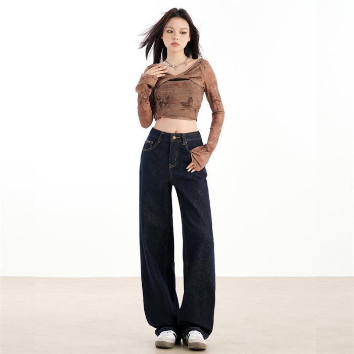 Women's Autumn 2025 Dark Blue High-Waisted Wide-Leg Denim Jeans - Floor-Length, Slimming, Versatile, Stylish