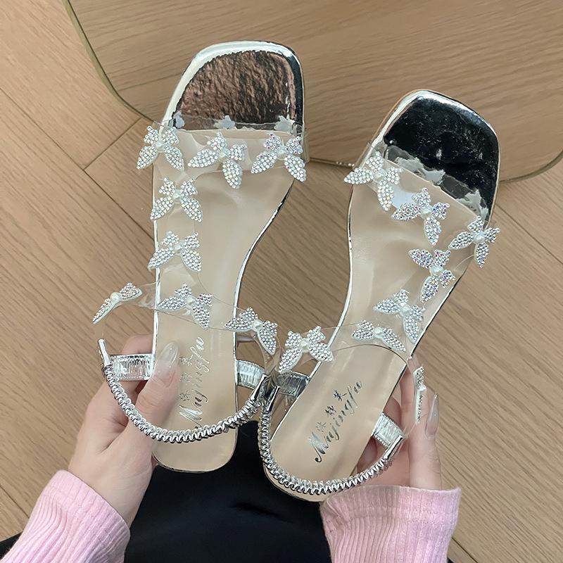 

Fashion butterfly Mary Jane shoes spring and summer new waterproof table transparent crystal high heel thick heel flower Roman women s sandals 35