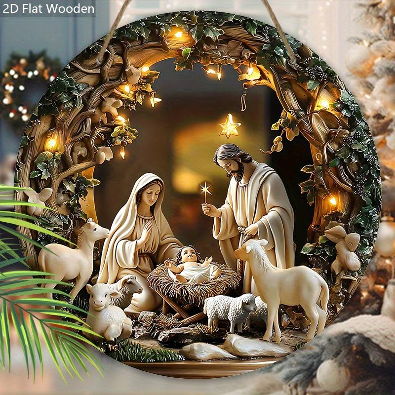 Nativity Scene Wooden Sign, Jesus Chases The Lost Lamb Round Sign for Front Door Wall Hanging Decor, Ideal Christmas Ornament