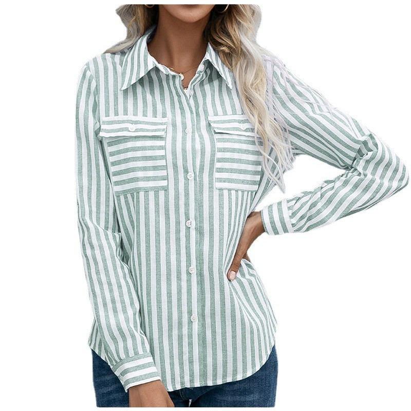 Women Striped Button Down Shirt Casual Loose Pocket Blouse Long Sleeve Top