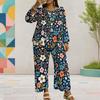 Women Plus Size Round Neck Long Sleeve Floral Printed Layered Top Wide Leg Cropped Pants Two Piece Set