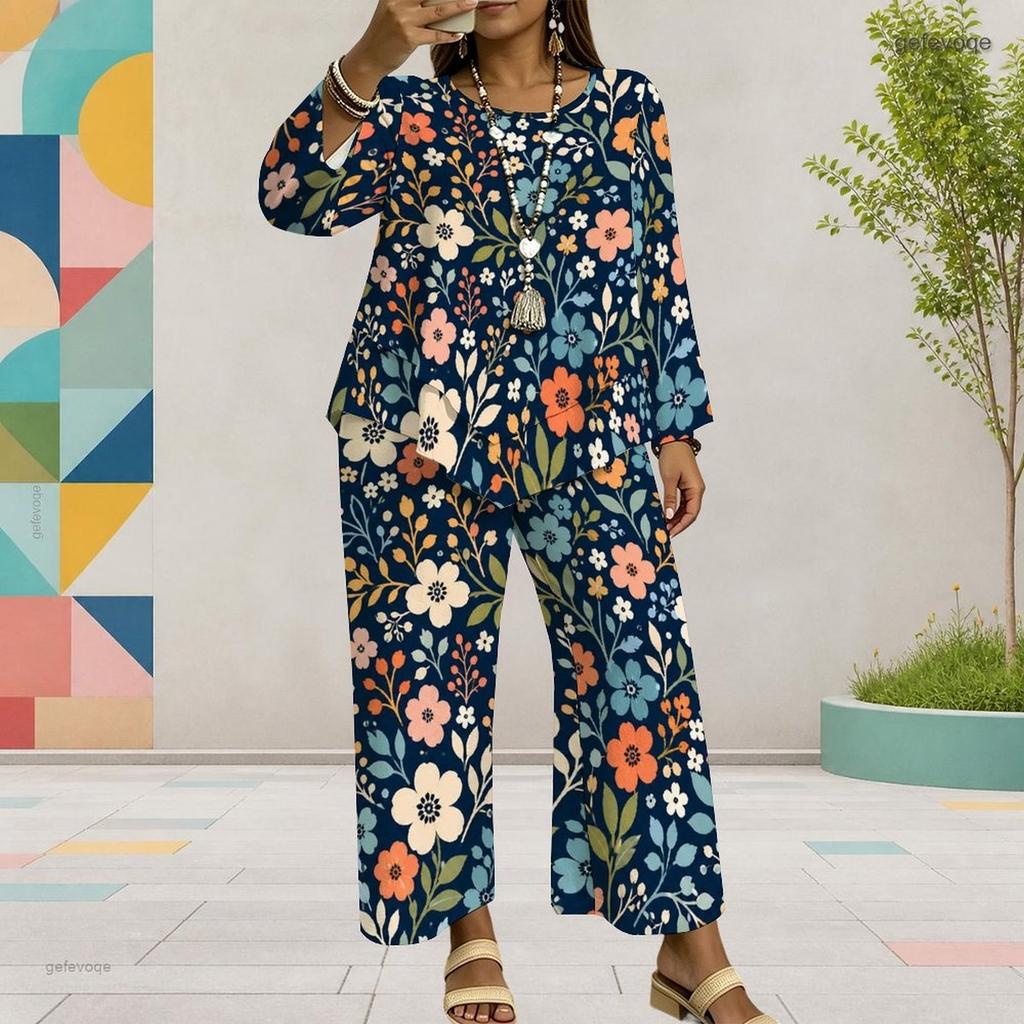 Women Plus Size Round Neck Long Sleeve Floral Printed Layered Top Wide Leg Cropped Pants Two Piece Set