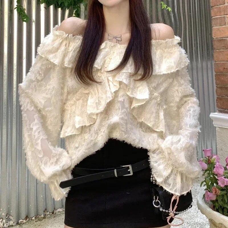 

Повседневная кружевная рубашка с открытыми плечами, женская элегантная блузка с рюшами и длинными рукавами, женская одежда, милые белые топы, женская одежда 29972 XXL абрикосовый