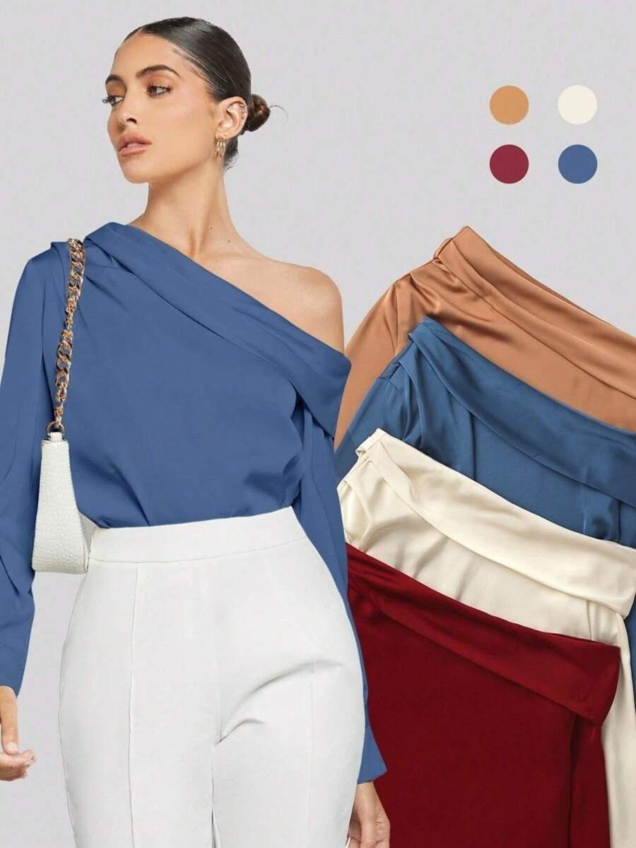 

Wrinkle-Resistant Satin Shirt Top Summer Spring Women s Clothing, Asymmetric Long Sleeve Off-Shoulder Shirt XL синій