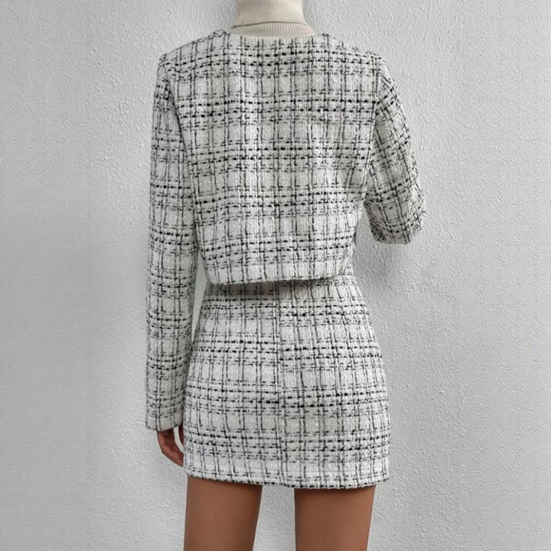 Womens Striped Plaid V-Neck Long Sleeve Blazer A-Line Midi Skirt 2-Piece Set