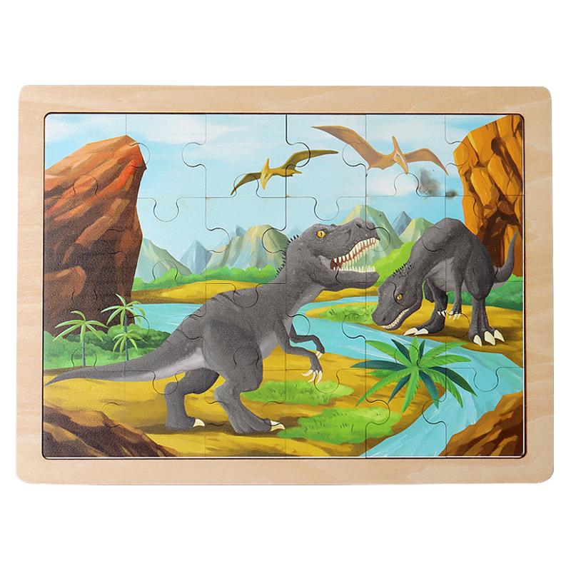 Laserový srub 24 dílků Dřevěné puzzle Dětské zvířecí kreslené dinosauří letadlo Puzzle hračka