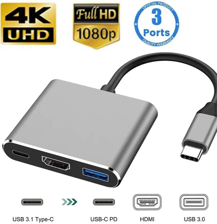 

Концентратор USB-C 3-в-1:type-c 3-в-1 PD100 Вт + HDMI(4К/30Гц)+USB3.0 серый
