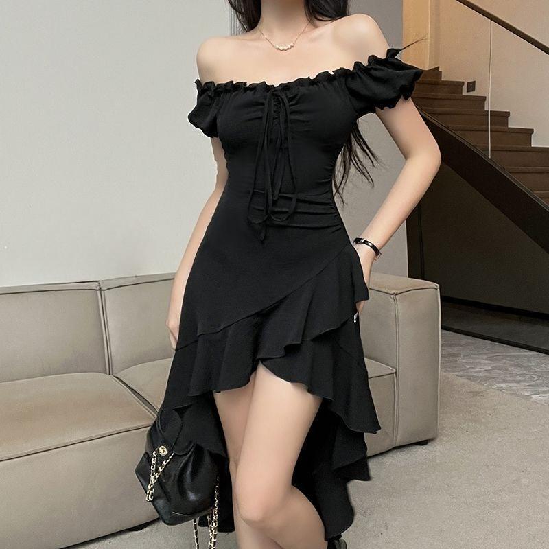 New Chinese Style Summer Bubble Sleeves Slimming Irregular Lace Up Dress