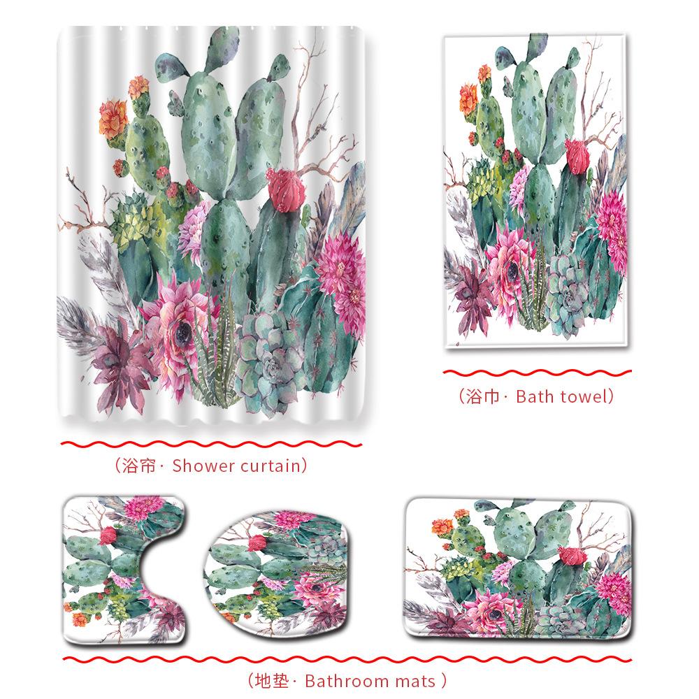 Cactus Bathroom Shower Curtain Bath Towel Floor Mat Five-Piece Set Bathroom Toilet Carpet Shower Foot Mat