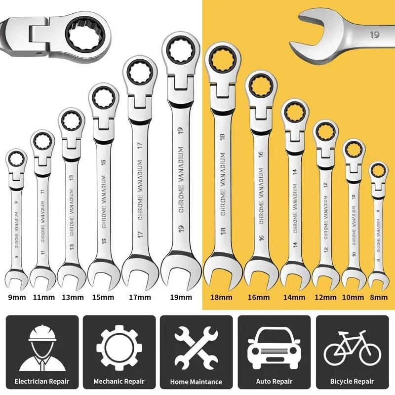 Car Flex Head Ratcheting Wrench Set- 8-17mm Metric Ratchet Combination Wrenches CrV Gear Spanner Ratchet Wrench Set Tools Amagi