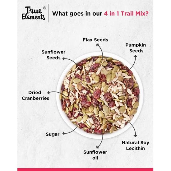 True Elements 4 In 1 Trail Mix - Roasted Sunflower, Pumpkin, Flax with Cranberries 125g, Healthy Seeds, Seeds Mix for Eating