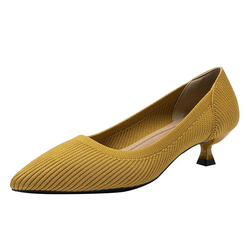 Pointed Toe Solid Color Stretch Knitted Shoes Pumps Slip On Sole Low Heels Breathable Loafers Women Mesh Shallow Sock Shoes