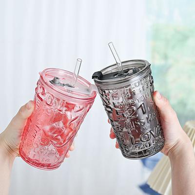 Vaso de Vidrio Repujado, Vaso con Pajita en Forma de Corazón, Vaso de Oficina, Vaso de Café de Doble Uso de 480 ml, Vaso Doméstico con Tapa, Vaso para Beber Agua
