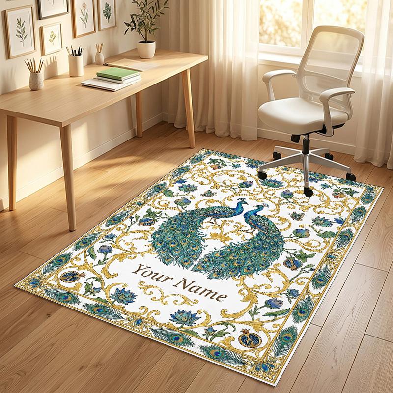 Peacock Theme Soft Crystal Velvet Rug Custom Name & Text Print Non Slip Floor Rug for Bedroom Living Room