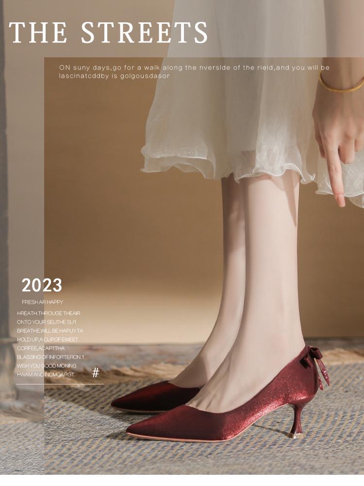 Women's High Heel Bow Shoes - Wine Red/Black (Autumn/Winter Collection)