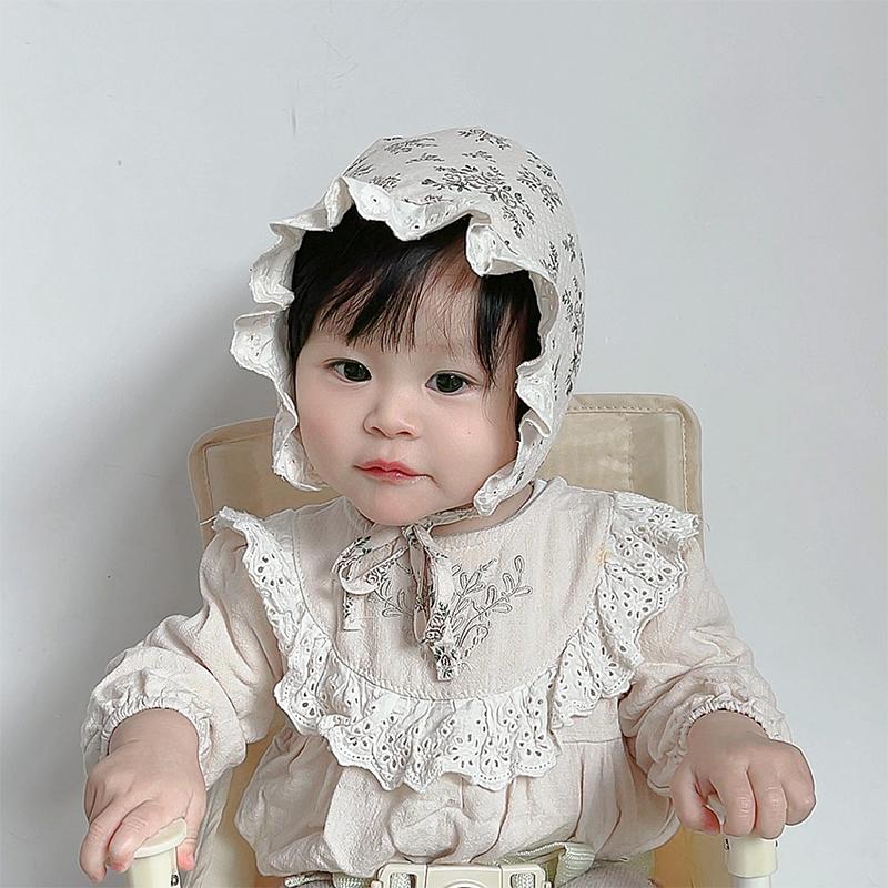 Princess Baby Ruffle Court Hat Lace-up Beanie Flower Print Infant Headgear Bonnet Kids Photo Props 0-12M Toddler Sunscreen Visors