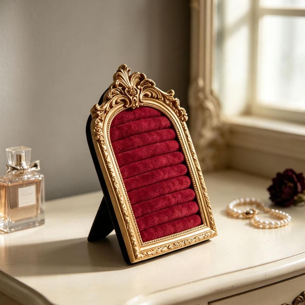 European Velvet Engraved Ring Holder Photo Frame - Retro Jewelry Display Stand & Light Luxury Desktop Decoration