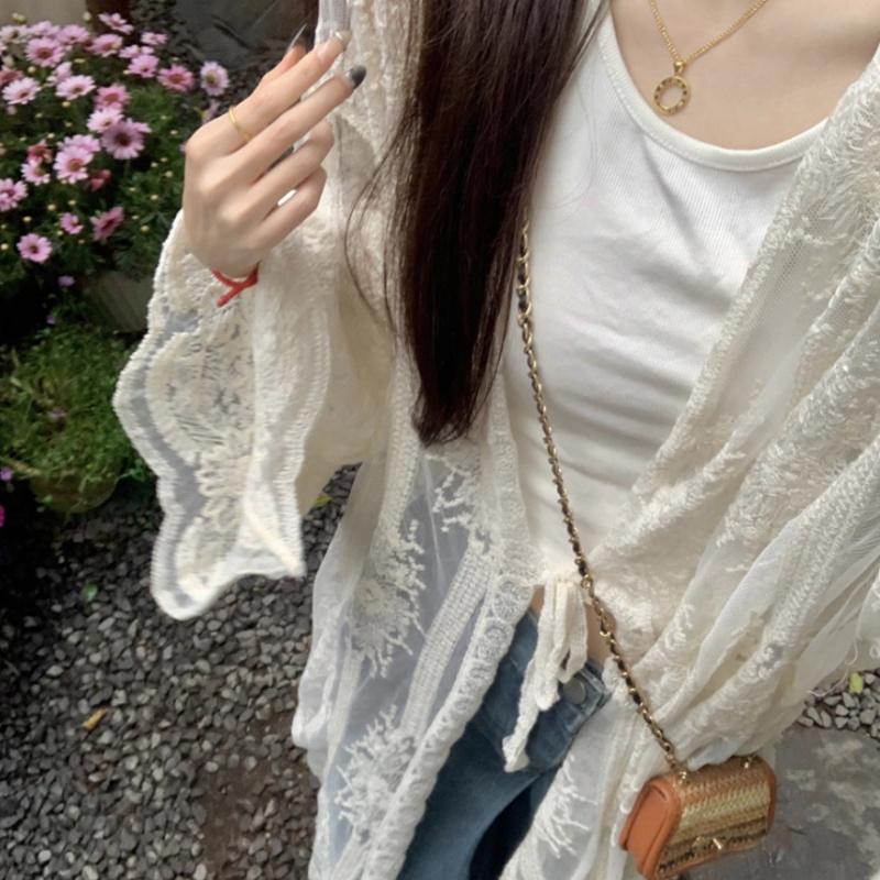 New crochet embroidered lace shirt for women, summer vacation style, seaside sun protection coat, sheer long coat