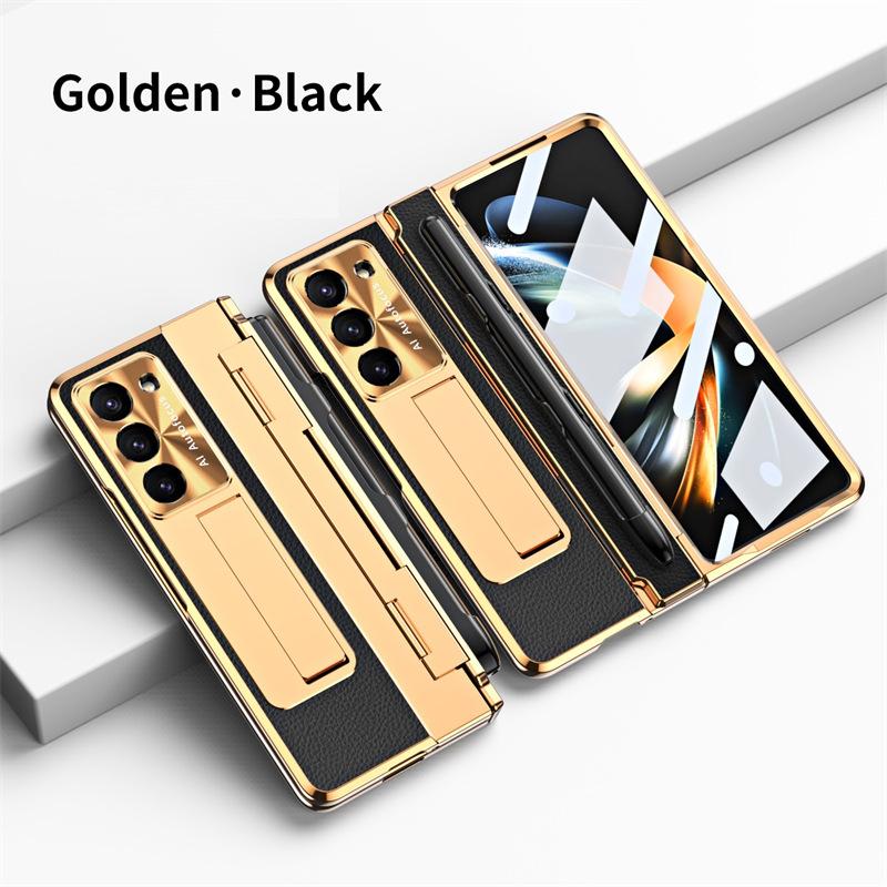Full Protection Hinge Case for Samsung Galaxy Z Fold8 Ultra / 7 6 5 4 3 Plating PC+Leather Tempered Film Folding Kickstand Cover