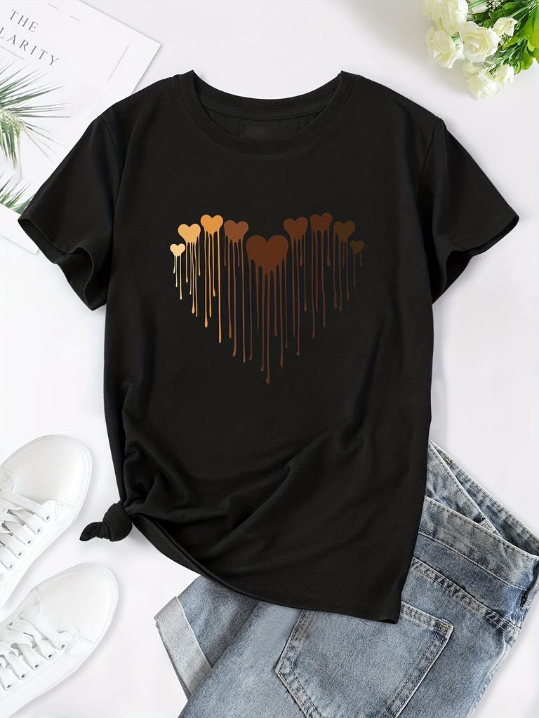 Damen Freizeit T-Shirt mit Liebesmuster Entspannter Chic Geometrischer Print Rundhalsausschnitt Kurze Ärmel Urbaner Stil Bedrucktes T-Shirt