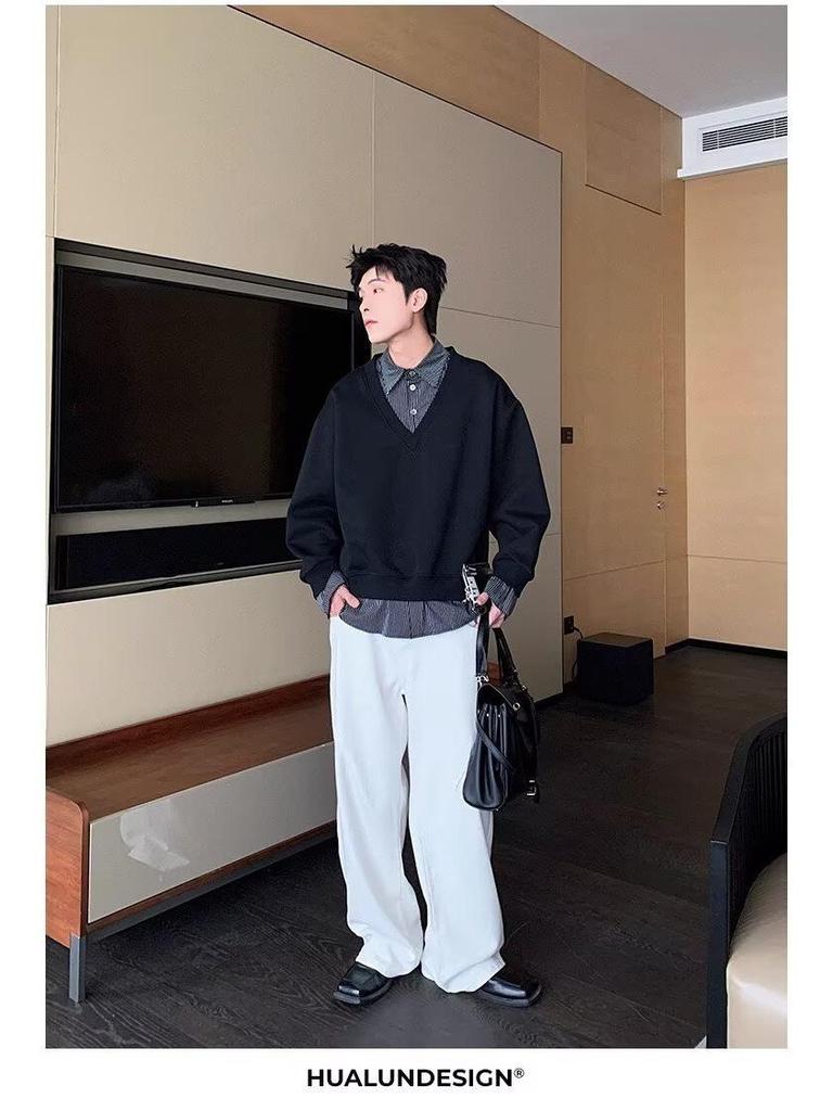 Men's Korean Style Two-Piece Patchwork Hoodie - Autumn/Winter Loose Fit, Solid Color, Versatile Design.