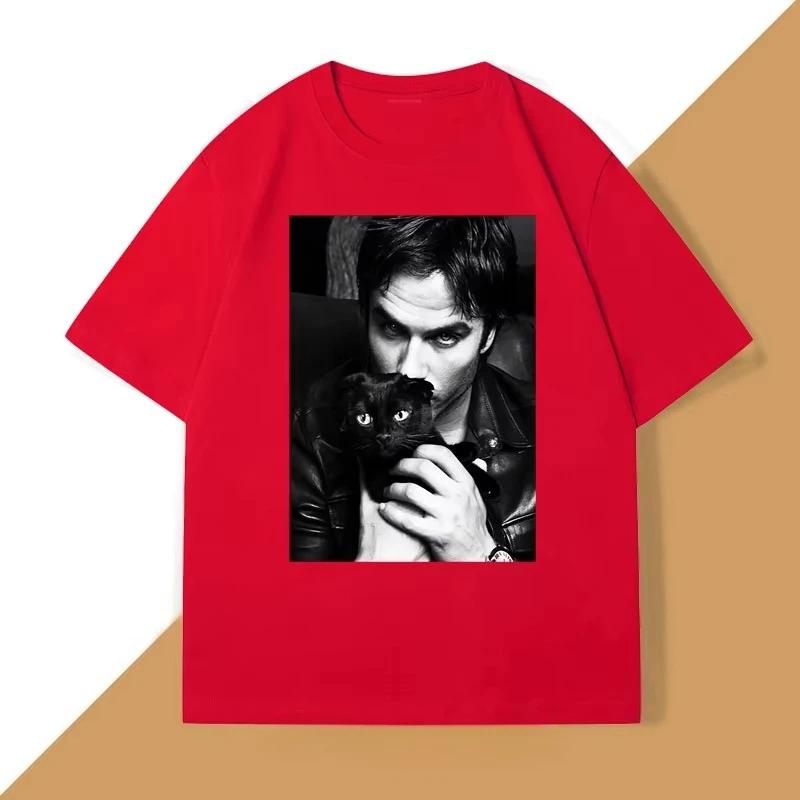 Damon Salvatore TV Drama Cat Graphic Tshirt for Women Clothes Retro Gothic Tops Sleeve Harajuku Sleeve Casual Aesthetic Clothes