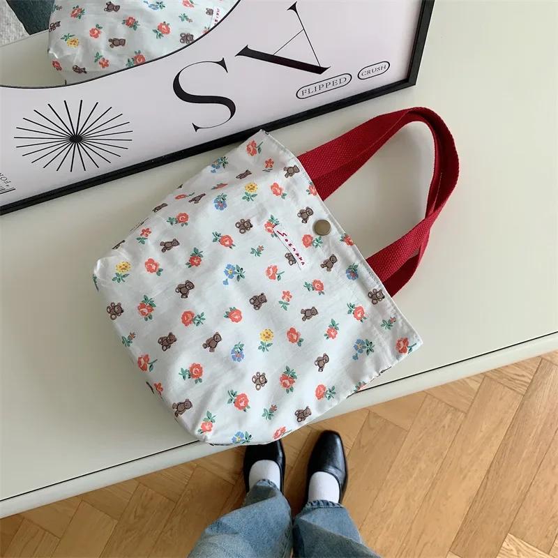 Korean Cloth Handbags Lunch Box Bag Women's Beauty Flower Canvas Bag Outside Shopping Toiletry Phone Oagnzier Storage Bags