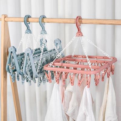 Clothes Drying Hanger with 32 Clips Windproof Socks Underwear Drying Folding Laundry Towels Hanging Rack