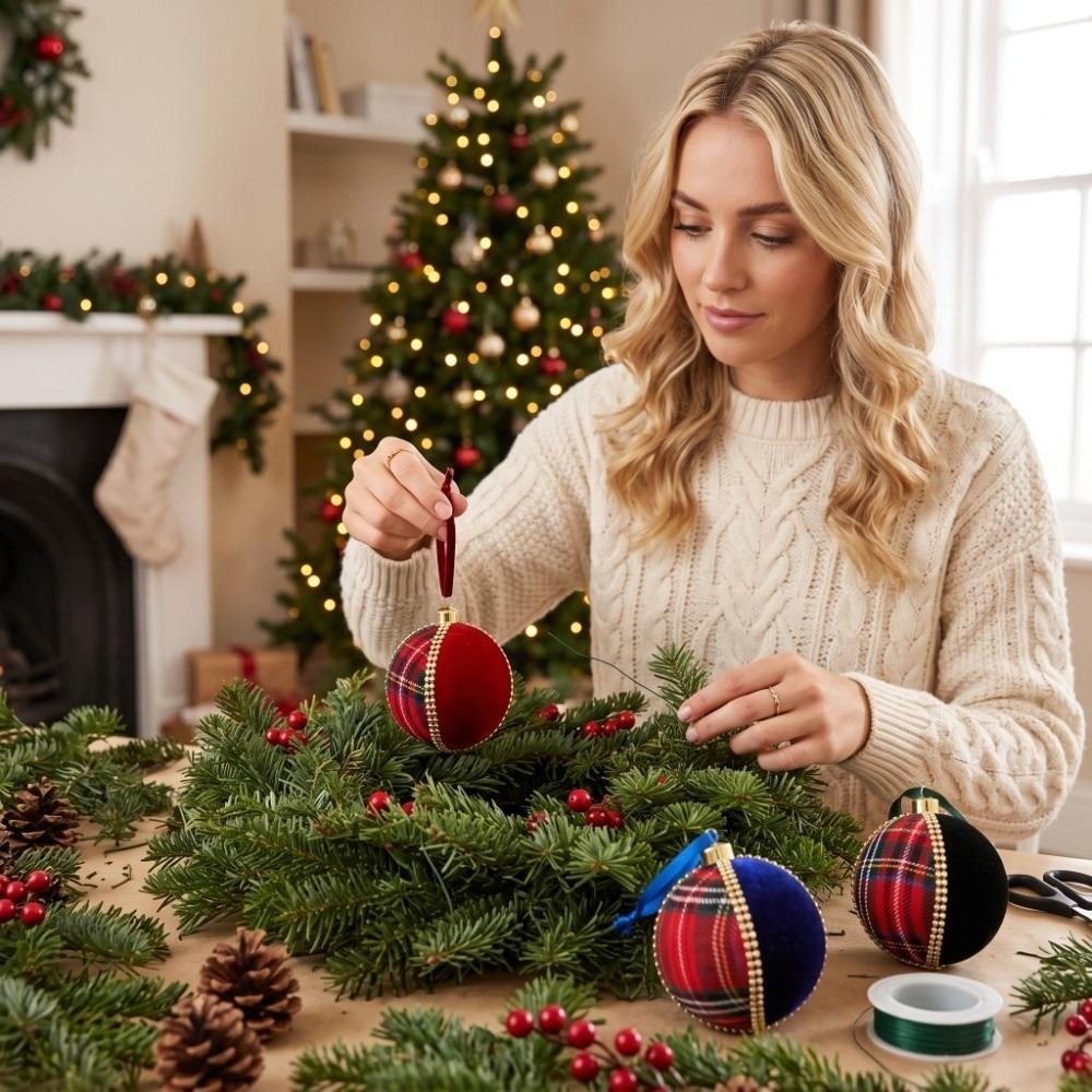 Tartan Pattern Plaid Christmas Ball Gold Trim Round Shape Foam Xmas Bauble Vibrant Colors Lightweight Holiday Hanging Decor