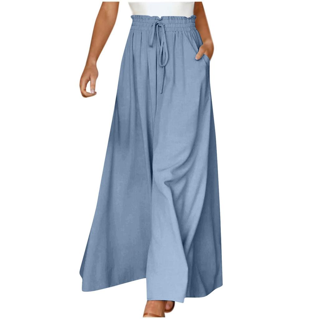 Women's Color Trousers Elastic Belt Wide Leg High Waist Long Culottes