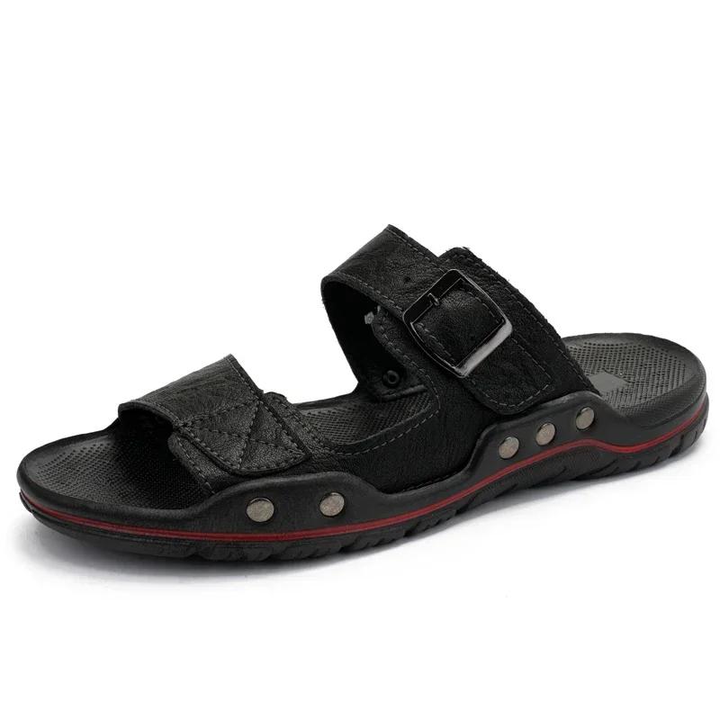 High Quality Casual Leather Sandals Men Comfy All-match Slipper 2025Summer Flat Designer Walking Shoes Beach Breathable Slippers
