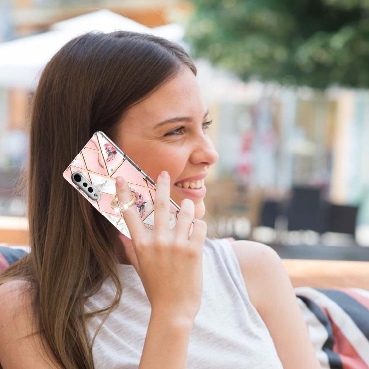 Für LG Velvet 5G Galvanisiertes Spleißmuster Marmorblume TPU Stoßfeste Hülle mit Strass-Ringhalter