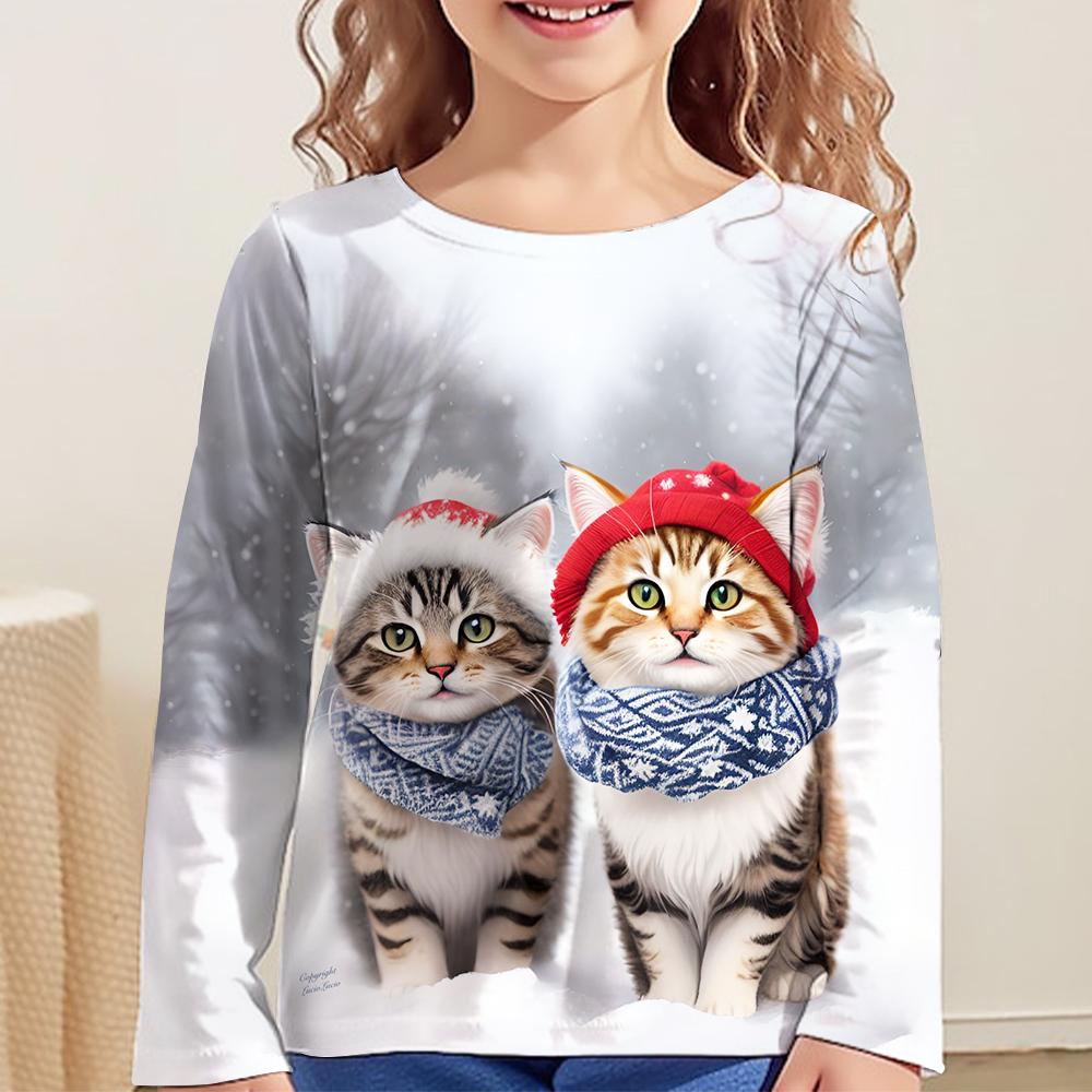Children's Clothing Long Sleeve Cat Print O-Neck Kids Spring Fall Clothes Fashion Cartoon Girls Clothes T-Shirt Streetwear Tops