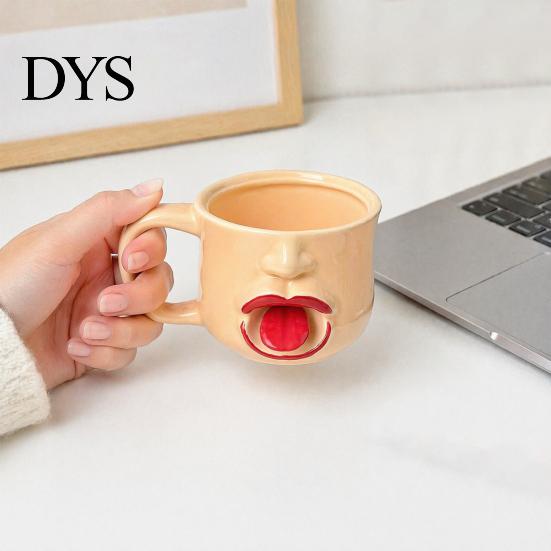 Unique Tongue Sticking Out Cup Quirky Ceramic Coffee Mug, 10oz 3D Sculpted Face Decorative Tea for Students Milk, Funny Creative Drinkware Home Office