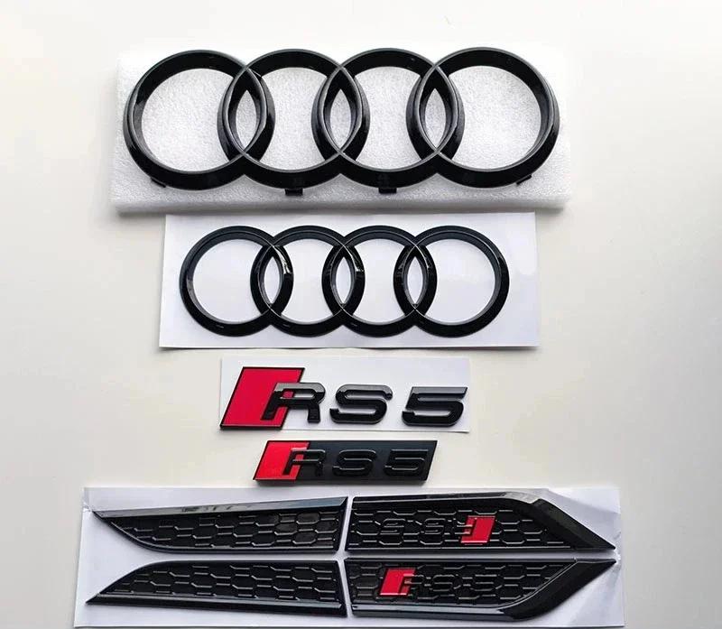 qwe2 RS5 4-Ring logo ABS Black Car Hood Front Grill Emblem Rear Trunk Badge Sticker RS5 Sticker RS5 Car Fender Side Emblem