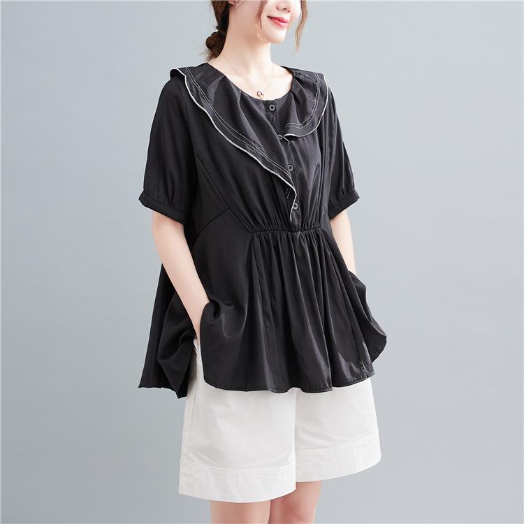 

MOJTA Женский топ с круглым вырезом, свободная полосатая футболка с пуговицами, рубашка с короткими рукавами one size чёрный