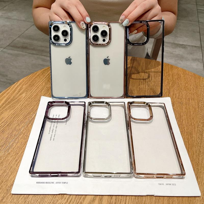 Solid Color Frame Clear Square Phone Case For iPhone 16 Pro Max 15 Pro 14 13 12 11 Shockproof Transparent TPU Soft Bumper Cover
