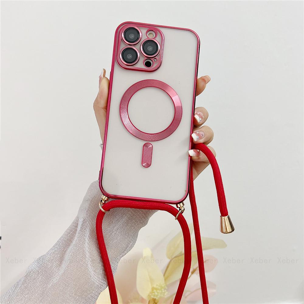Crossbody Necklace Lanyard Magnet For Magsafe Wireless Charging Case For iPhone 17 16 15 13 12 11 14 Pro Max Plating Clear Cover
