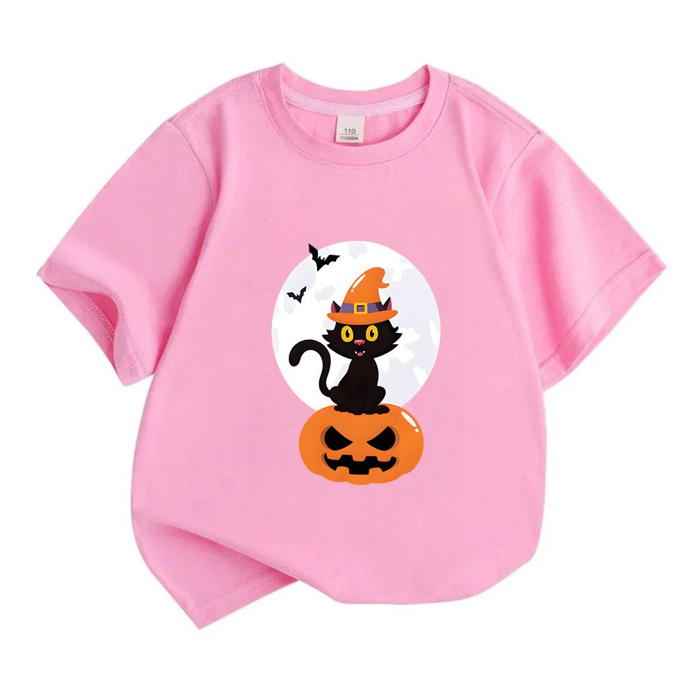 Kids Boys Girls 100% Cotton Short Sleeve O-Neck T-Shirt, Cute Halloween Black Cat Witch Hat Pumpkin Full Moon Bat Pattern Casual Soft Tee for Children