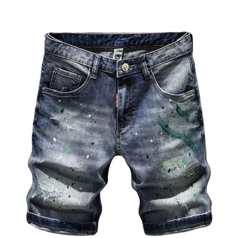 Men's Trendy Slim Fit Ink-Splash Denim Shorts - Skinny, Summer Mid-Length Korean Style