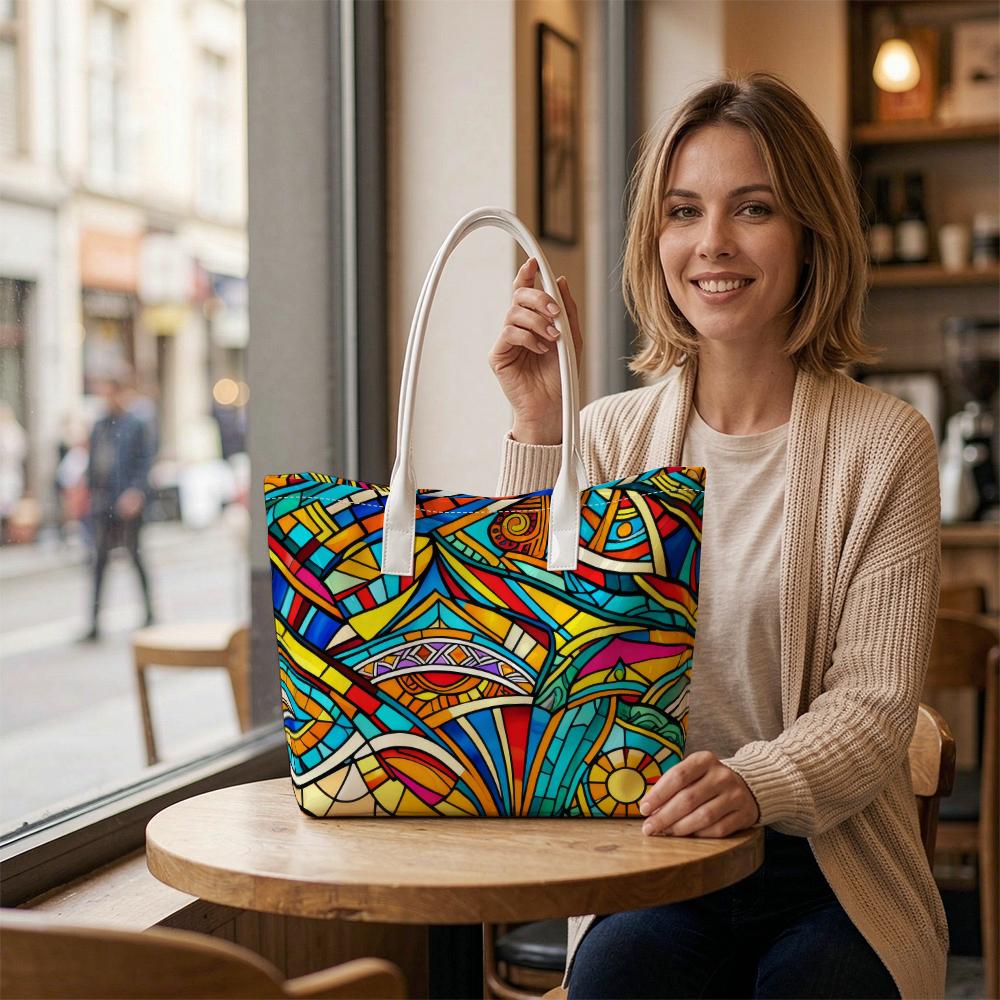 Colorful Stained Glass Style Tote Bag for Daily Outdoor Shopping Use