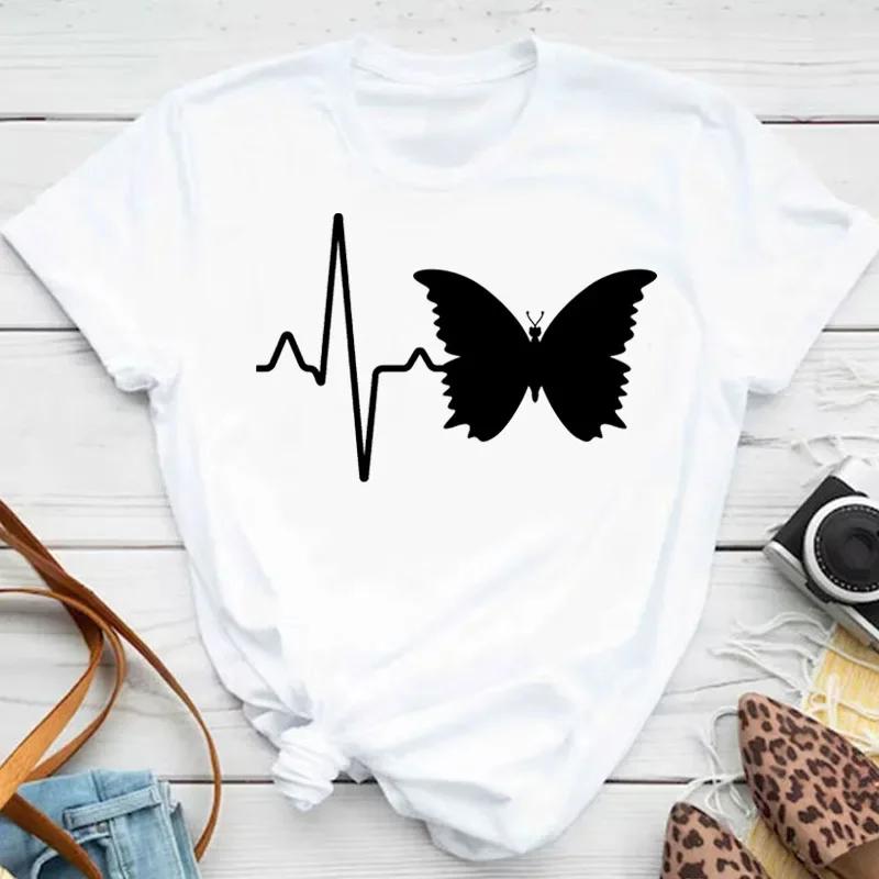 Women's colorful butterfly petal print T-shirt short-sleeved round neck cute graphic top
