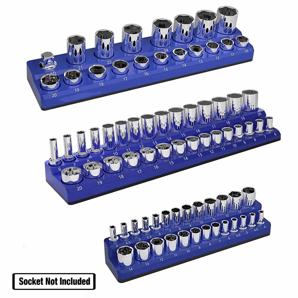 Professional 3Pieces Magnetic Socket Holder 1/4" 3/8" 1/2" Inch Drive Metric/SAE Socket Organizer Storage Installation Tools Kit