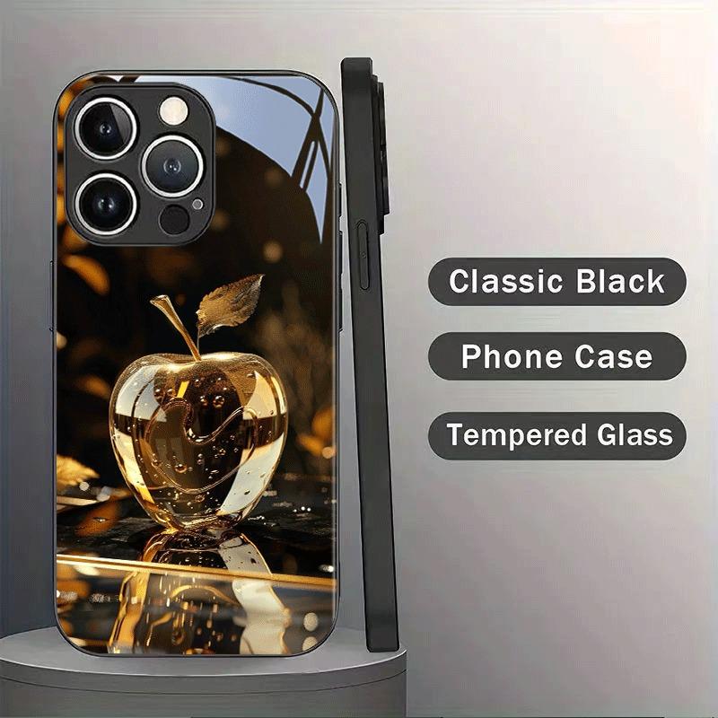 Black Golden Crystal For Apple Pattern Glass Phone Case For iPhone 17 Pro Max 16 15 14 13 12 11 16E 17Air 7 8 Plus XR XS X Cover
