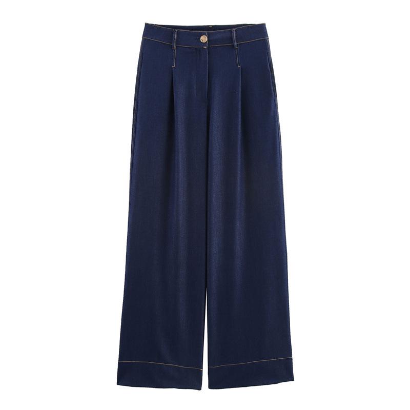 

European Style Denim Crew Neck Jacket & High Waist Wide-Leg Pants Set for Women XS