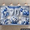 2D Blue & Silver 70th Birthday Backdrop with Balloons & Flowers
