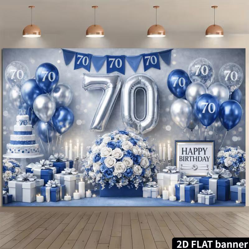 2D Blue & Silver 70th Birthday Backdrop with Balloons & Flowers
