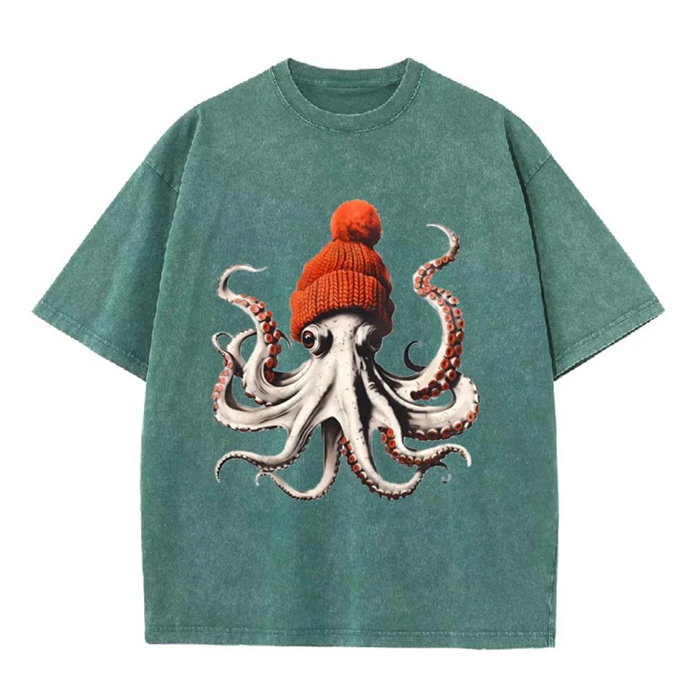 Maglietta Nera Lavata Vintage 2026 Polpo Divertente Con Berretto Rosso Grafica Retrò Anni '90 Y2K Maglietta Unisex Casual