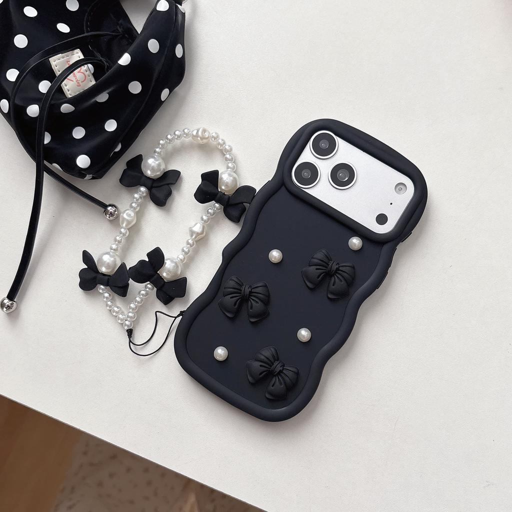 3D Bowknot Pearl Silicone Phone Case For iPhone 17 Air 16 15 14 13 12 11 Pro X XS XR Max 7 8 Plus With Lanyard Soft Cover