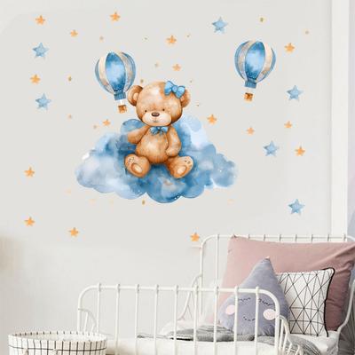 Cartoon Bear Clouds Stars Hot Air Balloon Kids Room Wall Stickers Nursery Home Decor Wall Decals